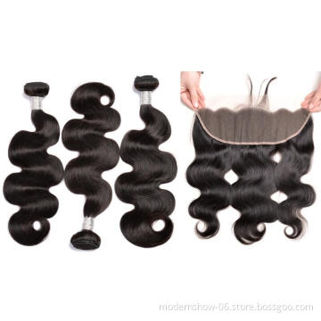 Brazilian Human Hair Bundles With 13x4 Lace Frontal Closure Body Wave Cuticle Aligned Virgin Hair